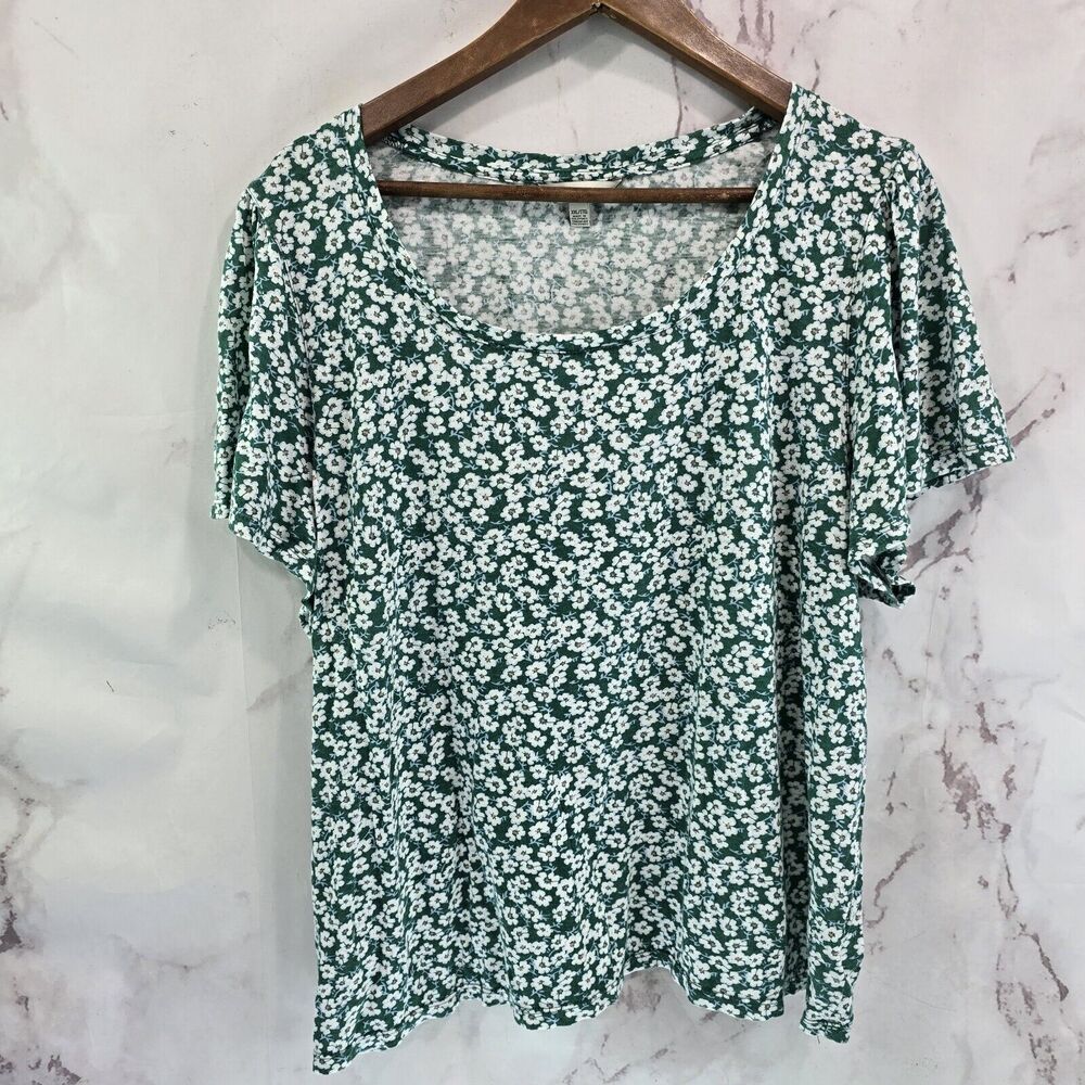Lucky Brand T Shirt Womens XXL 2XL Green White Floral Tee Short Sleeve Scoop